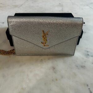 Saint Laurent - Cassandre Envelope Chain Wallet in Metallized Silver Leather